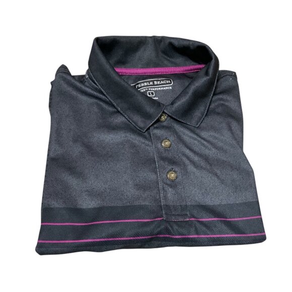 Pebble Beach Mens Performance Polo Shirt Black With Purple Stripes Size Large - Picture 3 of 13